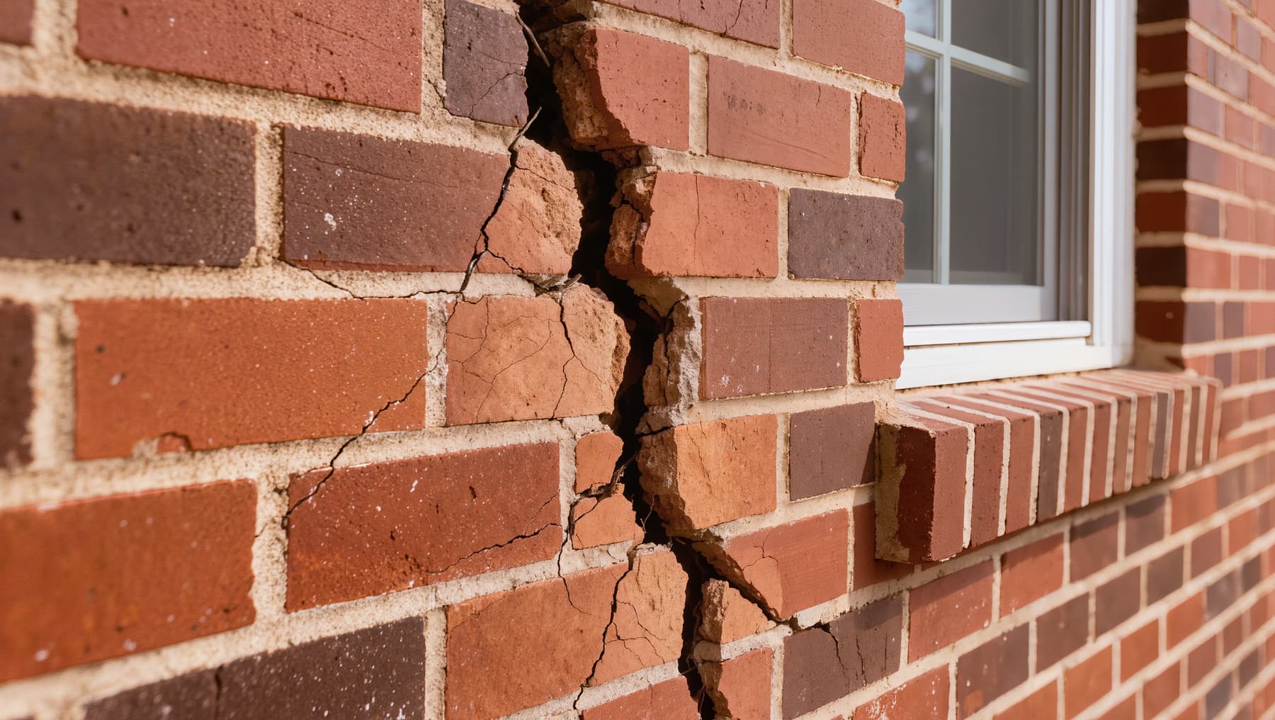 Stair-step crack running through the mortar of a brick wall near a window