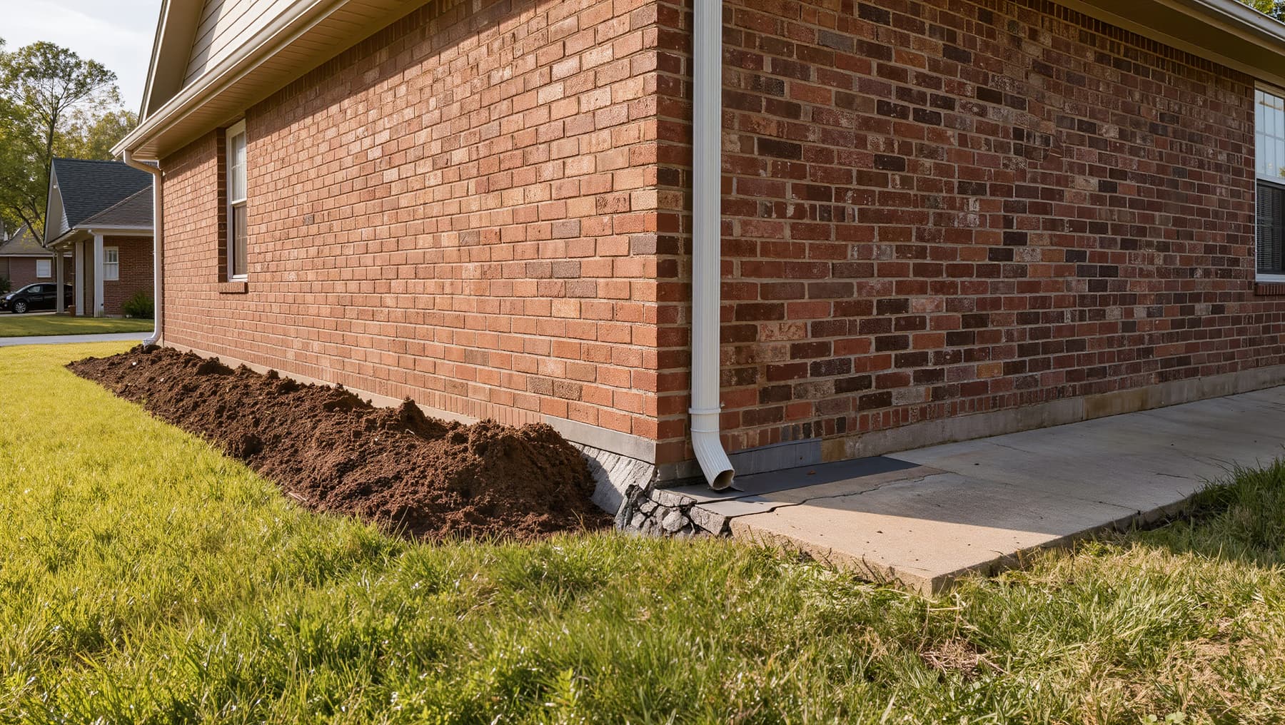 Downspout extension and regraded soil sloping away from a brick home