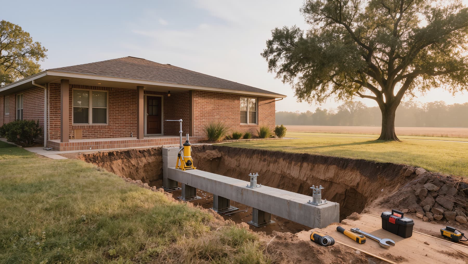 Excavation along a brick house slab with steel piers and a jack installed under the beam